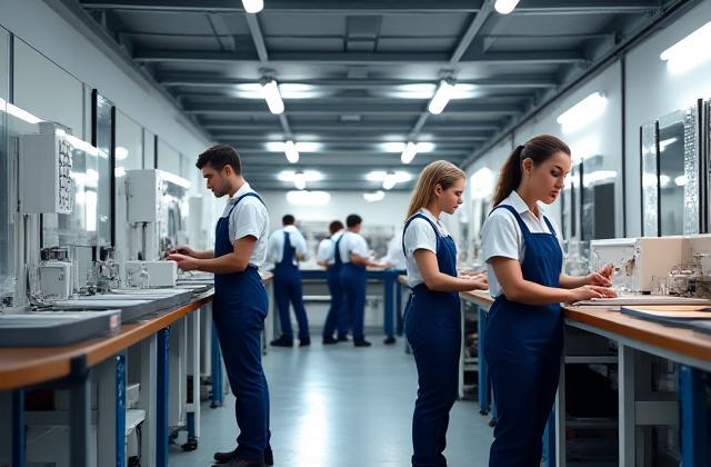 Equipo de técnicos de Alba & Luz trabajando en un taller con herramientas y electrodomésticos.